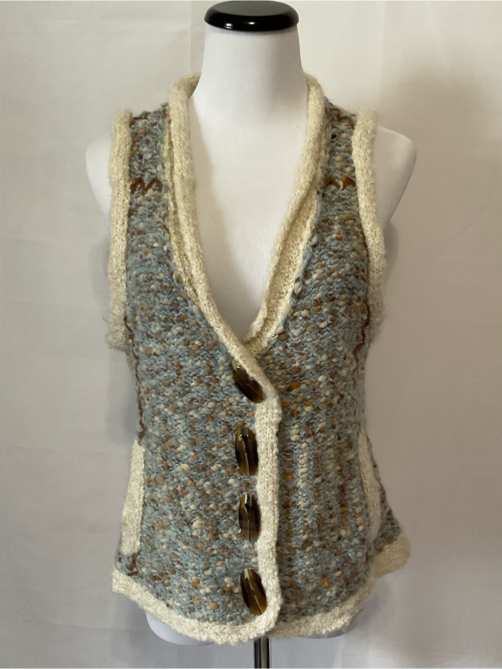 Curio Blue Cream Bouclé Button Front Vest Alpaca, mohair and wool blend